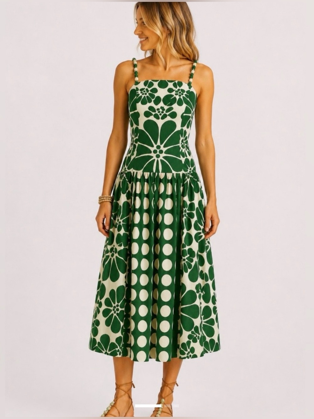 Caroline Constas Linen Blend Green Floral &
Polka Dot Midi Dress Size M
